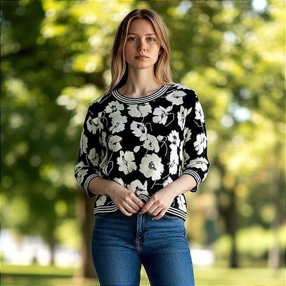 Jones New York Signature Silk Blend Floral Poppy Sweater Black White Women's L